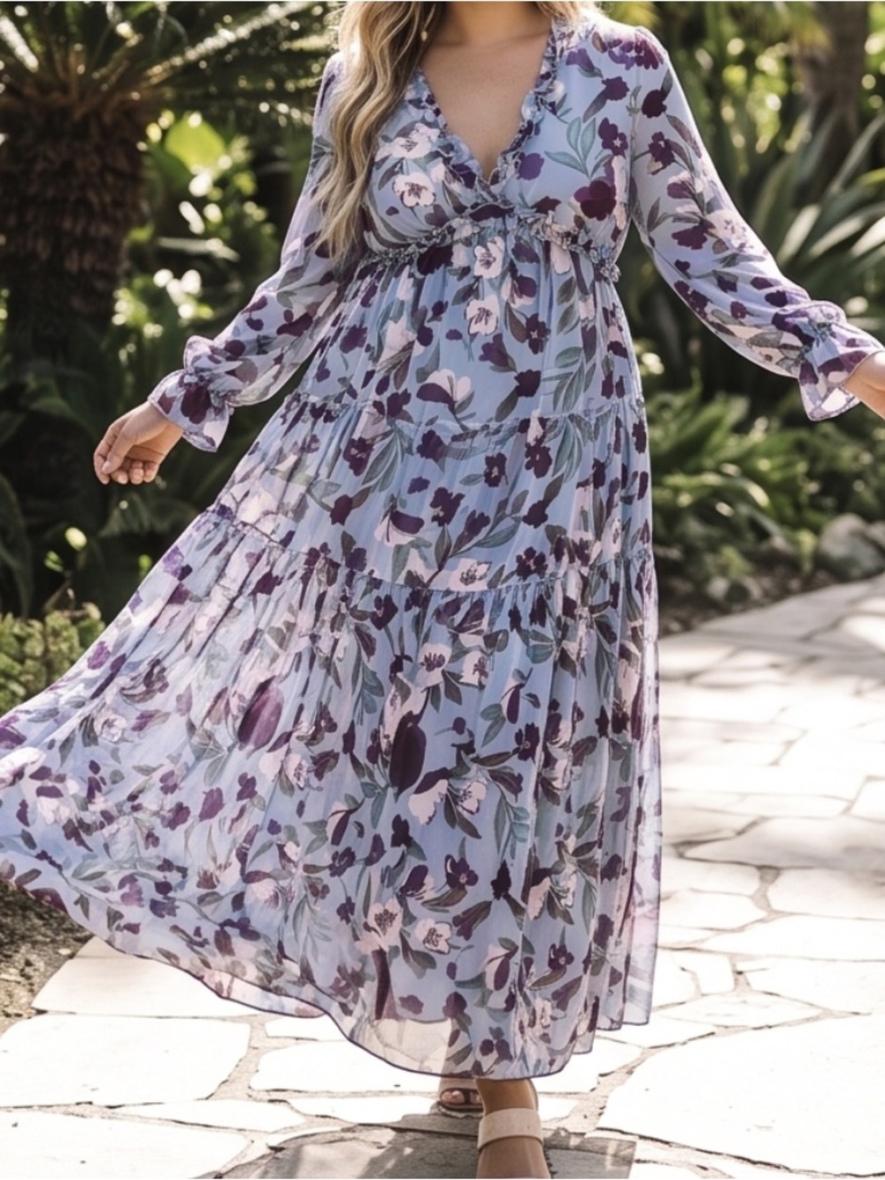 Elegant Chic Long Sleeve Floral Maxi Dress in Blue and Purple